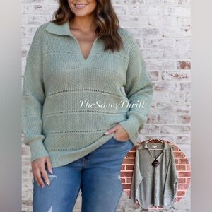NWT Ava & Viv Mint Green Open Knit Collared Sweater 2X Oversized Polo